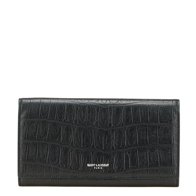 Saint Laurent Crocodile Embossed Long Wallet Black Leather